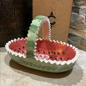 vintage ceramic basket shaped like a watermelon